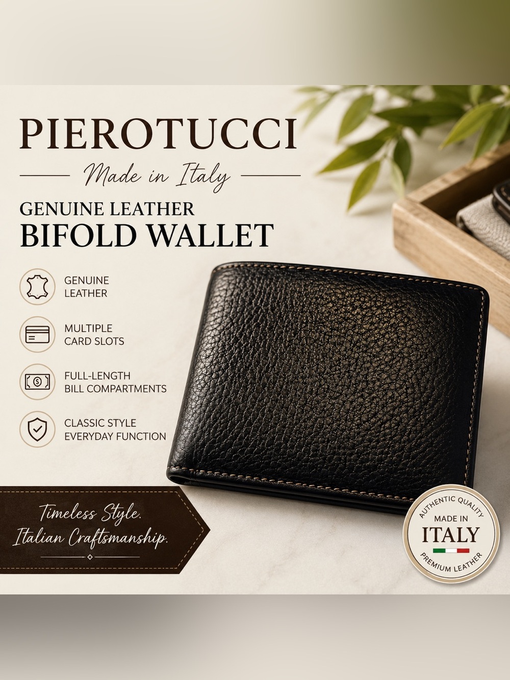Pierotucci Black Genuine Leather Bifold Wallet Made in Italy Men’s